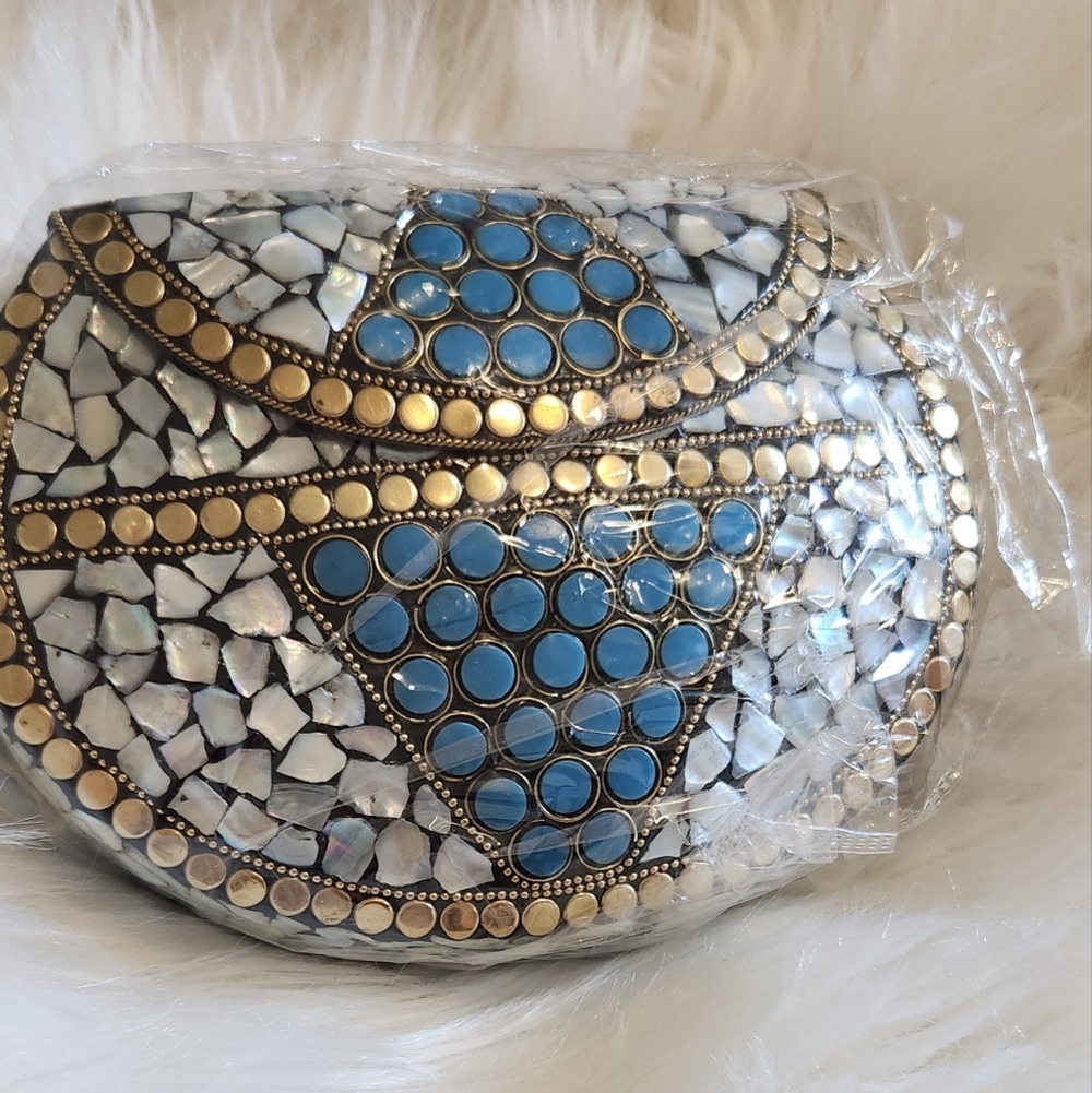 RAMLA Mosaic Clutch with Blue and Gold Accents